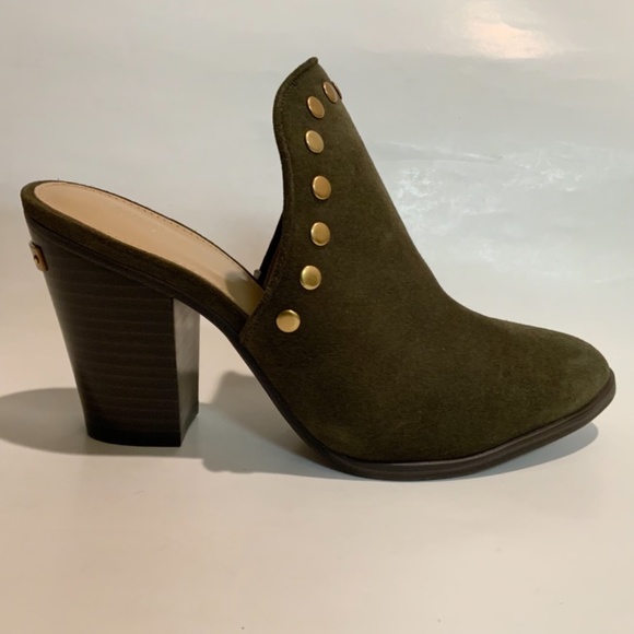 Michael Kors Louise Suede Mules Olive Studded Stacked Block Heel Slip On Clog - Picture 11 of 15